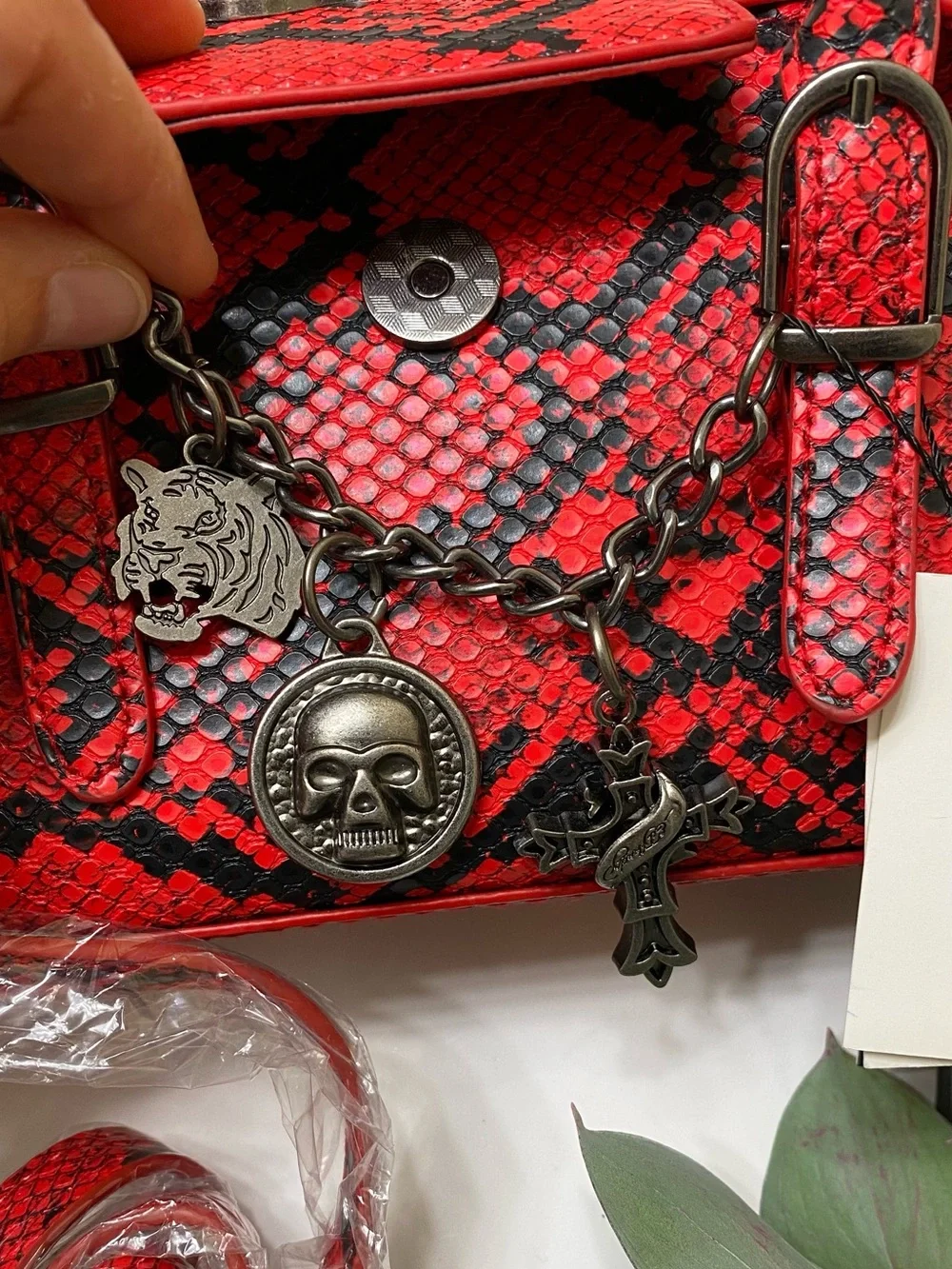 Ed Hardy Red and Black Snake-Print Top Handle Satchel